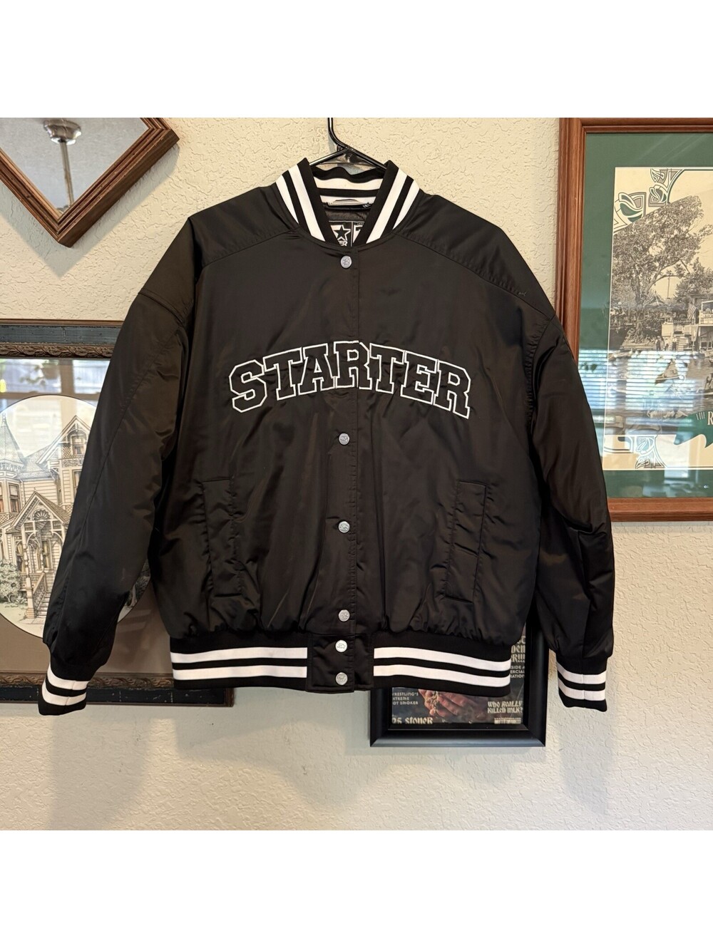 Vintage 00s Starter Varsity Sports Black/White Satin Jacket Logo Zip Mens Small